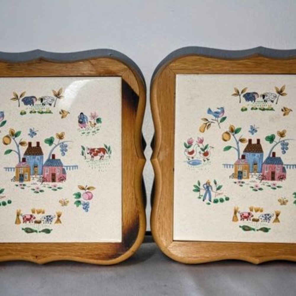 2 Vintage Heartland Collection Framed Ceramic Tiles Trivet Farm House Animals